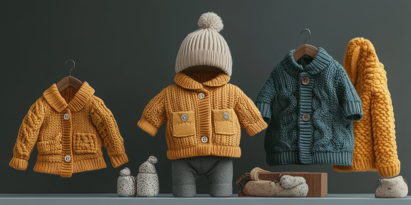 Colorful knitted baby clothes displayed in a cozy setting with autumn-inspired colors and textures during daylight